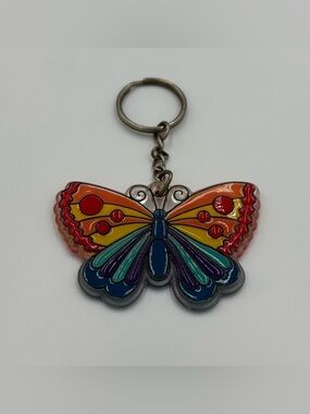 RARE VINTAGE Retro Butterfly Multicolor Keychain Keyring Plastic Painted Gift